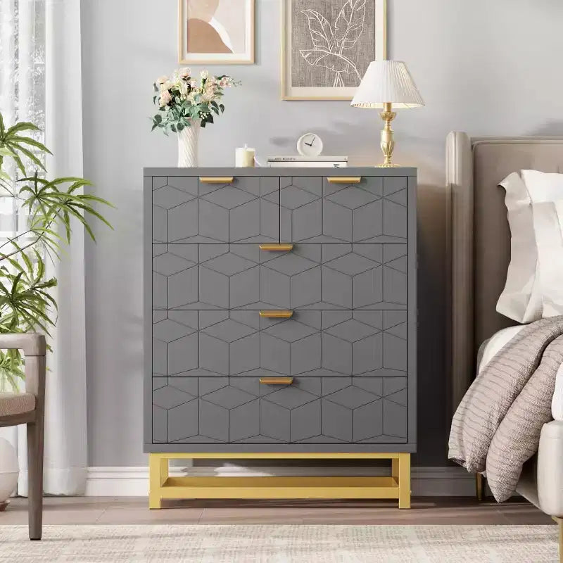 Cassettiera grigia a 5 cassetti con base in metallo - Comò moderno per camera da letto, soggiorno e organizzazione armadio
