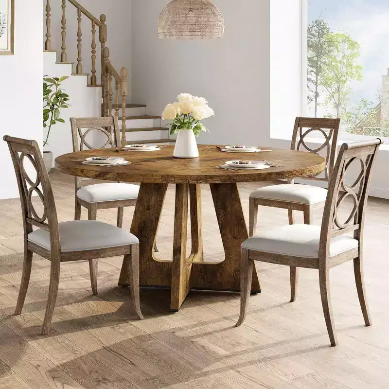 Set Tavolo da Pranzo Rotondo Grande da 120 cm per 4-6 Persone, Tavolo da Cena Stile Fattoria con Piano e Gambe in Legno - (Sedie Escluse)