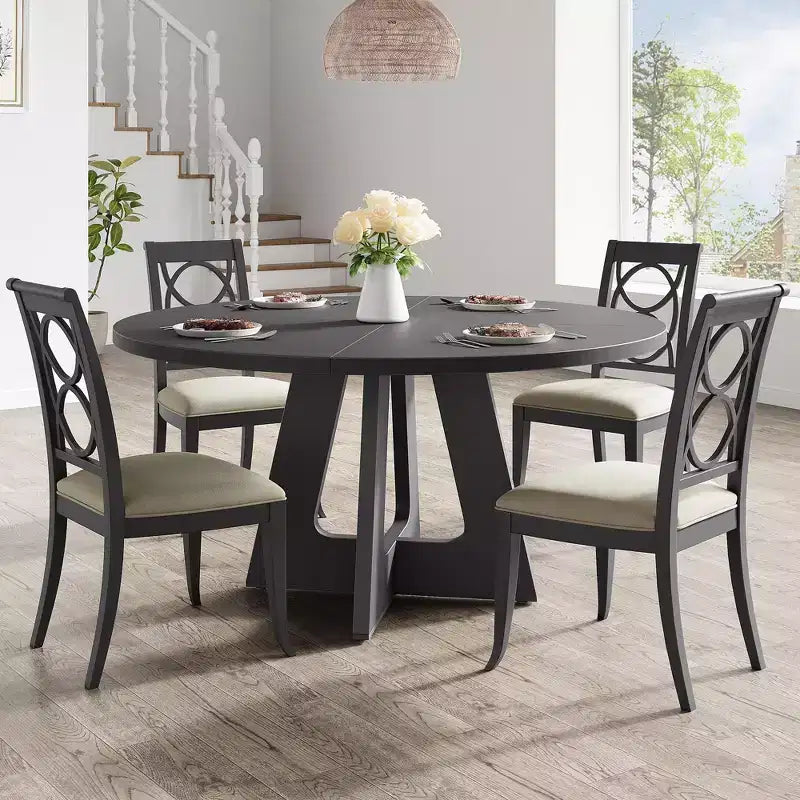 Set Tavolo da Pranzo Rotondo Grande da 120 cm per 4-6 Persone, Tavolo da Cena Stile Fattoria con Piano e Gambe in Legno - (Sedie Escluse)