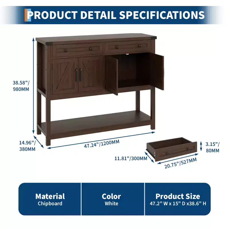 47.2 Tavolo consolle rustico, con 2 cassetti, 4 ante e ripiano aperto, mobile bar per caffè, credenza stretta per cucina, corridoio, soggiorno