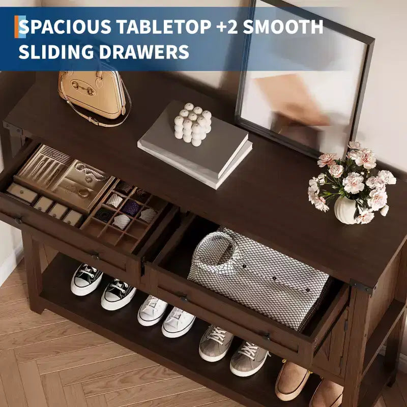 47.2 Tavolo consolle rustico, con 2 cassetti, 4 ante e ripiano aperto, mobile bar per caffè, credenza stretta per cucina, corridoio, soggiorno