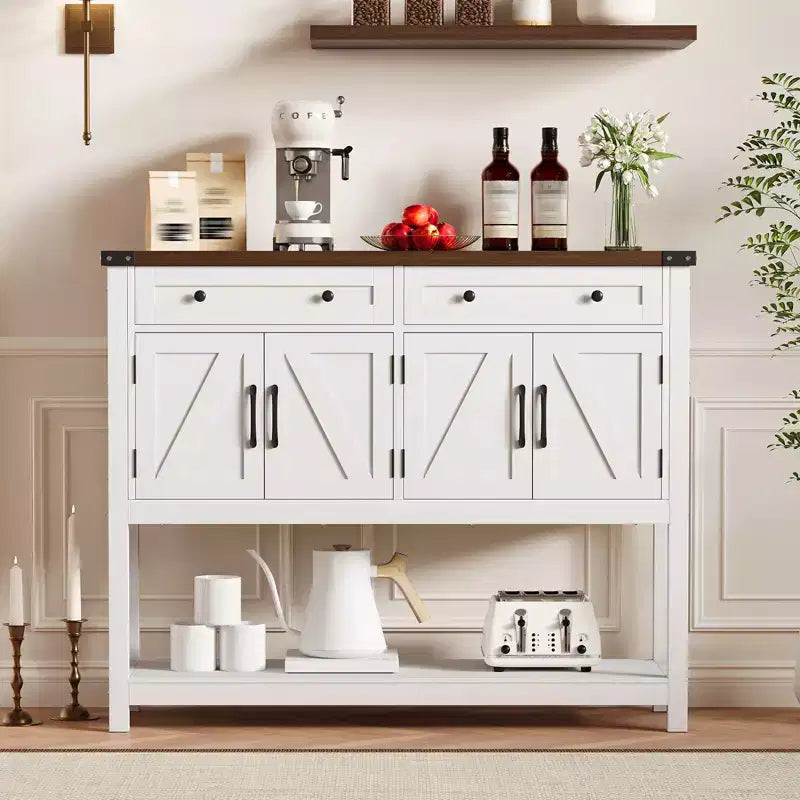 47.2 Tavolo consolle rustico, con 2 cassetti, 4 ante e ripiano aperto, mobile bar per caffè, credenza stretta per cucina, corridoio, soggiorno