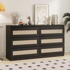 Rattan Dresser for Bedroom, 6 Drawer Double Dresser for Bedroom with Smooth Mental Slide, Modern Wood Chest of Drawers, Black