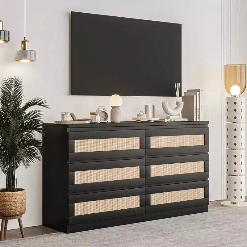 Comò in Rattan per Camera da Letto, Comò Doppio a 6 Cassetti per Camera da Letto con Guide Metalliche Scorrevoli, Cassettiera Moderna in Legno, Nero