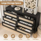 Comò in Rattan per Camera da Letto, Comò Doppio a 6 Cassetti per Camera da Letto con Guide Metalliche Scorrevoli, Cassettiera Moderna in Legno, Nero