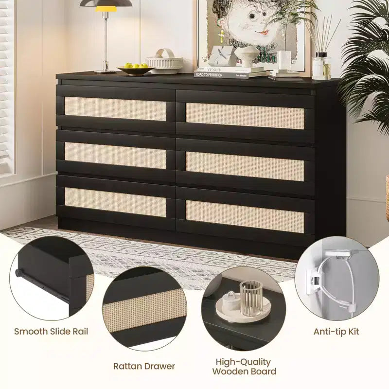Comò in Rattan per Camera da Letto, Comò Doppio a 6 Cassetti per Camera da Letto con Guide Metalliche Scorrevoli, Cassettiera Moderna in Legno, Nero