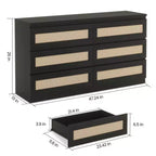 Comò in Rattan per Camera da Letto, Comò Doppio a 6 Cassetti per Camera da Letto con Guide Metalliche Scorrevoli, Cassettiera Moderna in Legno, Nero
