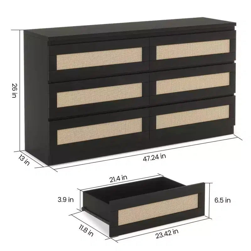 Comò in Rattan per Camera da Letto, Comò Doppio a 6 Cassetti per Camera da Letto con Guide Metalliche Scorrevoli, Cassettiera Moderna in Legno, Nero