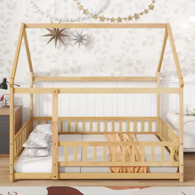 MAYEERTY Full House Floor Wooden Bed with Floor Frames, Safety Guardrails Beige