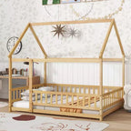Letto a pavimento MAYEERTY Full House in legno con telaio a pavimento, sponde di sicurezza beige