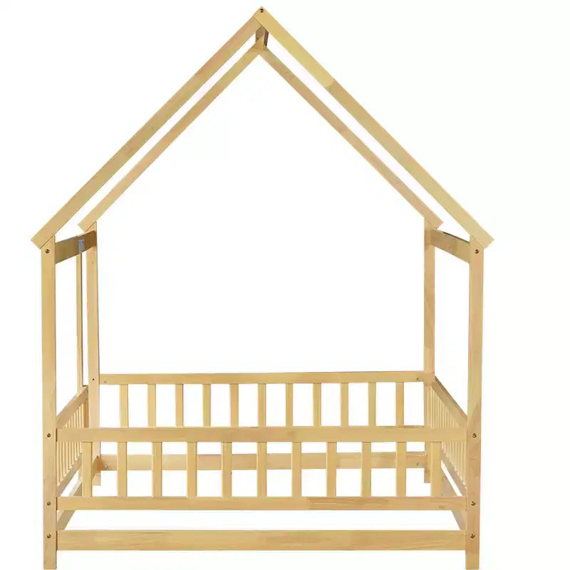 Letto a pavimento MAYEERTY Full House in legno con telaio a pavimento, sponde di sicurezza beige