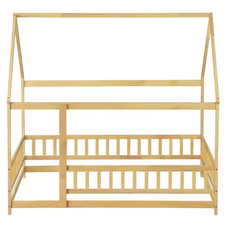 Letto a pavimento MAYEERTY Full House in legno con telaio a pavimento, sponde di sicurezza beige