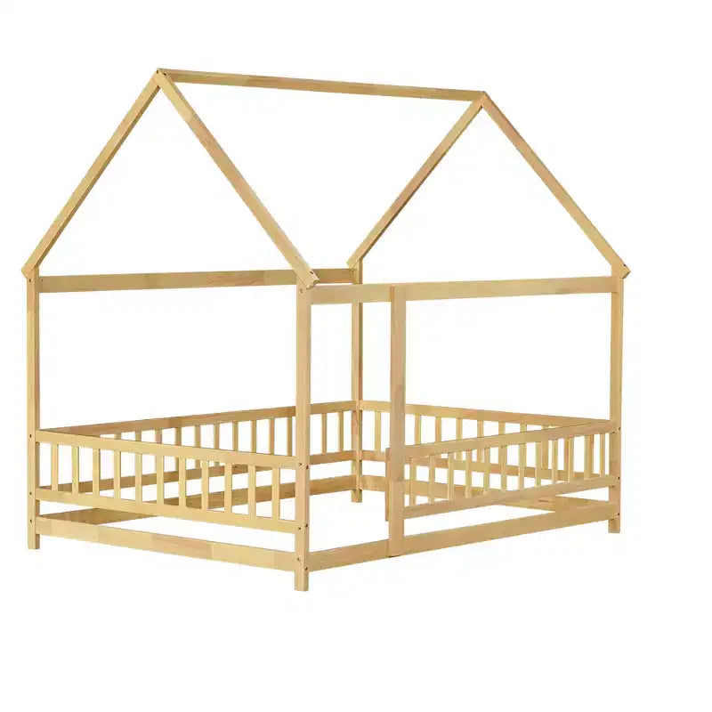 Letto a pavimento MAYEERTY Full House in legno con telaio a pavimento, sponde di sicurezza beige