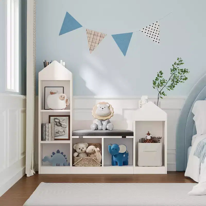 Libreria per bambini, Organizer per giocattoli con seduta, Scaffale per libri per bambini, Panca portaoggetti in legno, Casetta dei giochi per cameretta, stanza dei giochi, aula, asilo nido