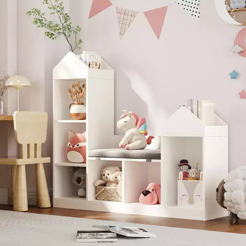 Libreria per bambini, Organizer per giocattoli con seduta, Scaffale per libri per bambini, Panca portaoggetti in legno, Casetta dei giochi per cameretta, stanza dei giochi, aula, asilo nido