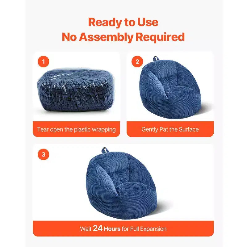Poltrona a sacco VEVOR, Poltrona a sacco da 3 piedi con braccioli morbidi e tasca portaoggetti, Riempita con memory foam 25D e rivestimento in morbido velluto Teddy, Blu