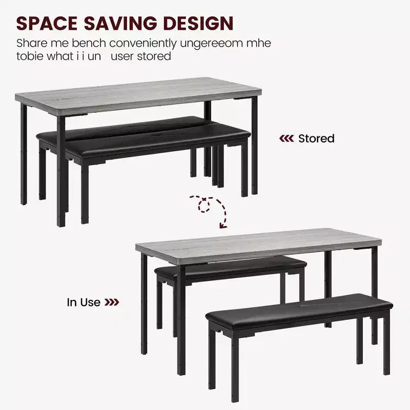 Set da tavolo da pranzo lungo 109 cm per 4 persone, set da tavolo da cucina rettangolare con 2 panche imbottite, set di mobili da cucina e sala da pranzo salvaspazio da 3 pezzi
