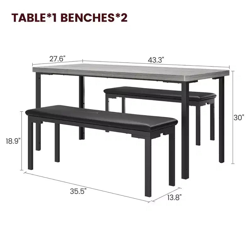 Set da tavolo da pranzo lungo 109 cm per 4 persone, set da tavolo da cucina rettangolare con 2 panche imbottite, set di mobili da cucina e sala da pranzo salvaspazio da 3 pezzi