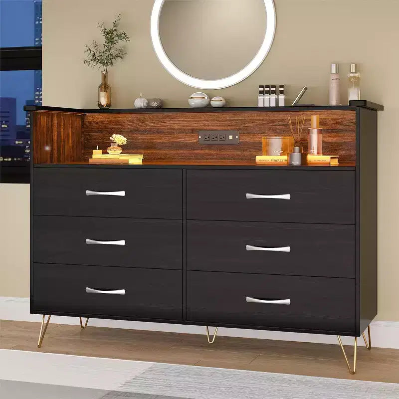 CuisinSmart 6-Drawer Dresser, 45 Inch TV Stand Dressers with Power Outlet, Wide Bedroom Dresser Chest with Open Space