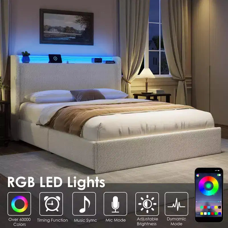 Struttura Letto con 4 Cassetti Contenitore, Struttura Letto Imbottita con Testiera, Stazione di Ricarica Luci LED, Nessuna Rete a Molle Necessaria, Silenzioso