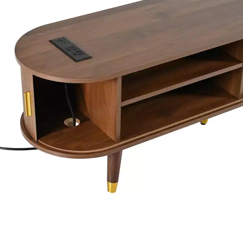 Set Mobile TV e Tavolino da Caffè ModernLuxe con Stazione di Ricarica, Consolle Multimediale Ovale con Anta Scorrevole per TV fino a 80 Pollici, Tavolino Centrale Mid-Century Farmhouse