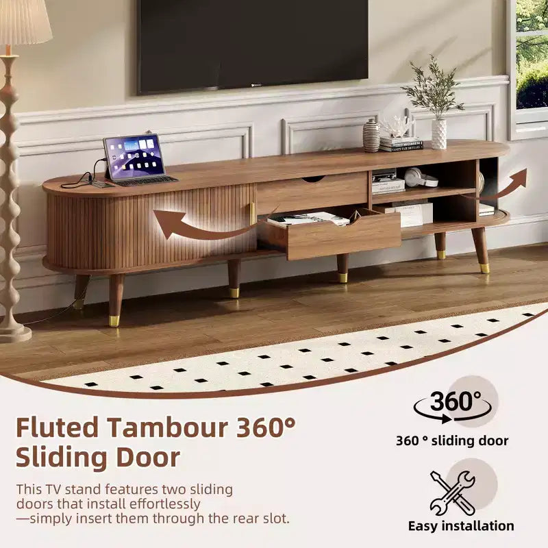 Set Mobile TV e Tavolino da Caffè ModernLuxe con Stazione di Ricarica, Consolle Multimediale Ovale con Anta Scorrevole per TV fino a 80 Pollici, Tavolino Centrale Mid-Century Farmhouse