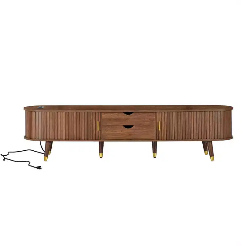 Set Mobile TV e Tavolino da Caffè ModernLuxe con Stazione di Ricarica, Consolle Multimediale Ovale con Anta Scorrevole per TV fino a 80 Pollici, Tavolino Centrale Mid-Century Farmhouse