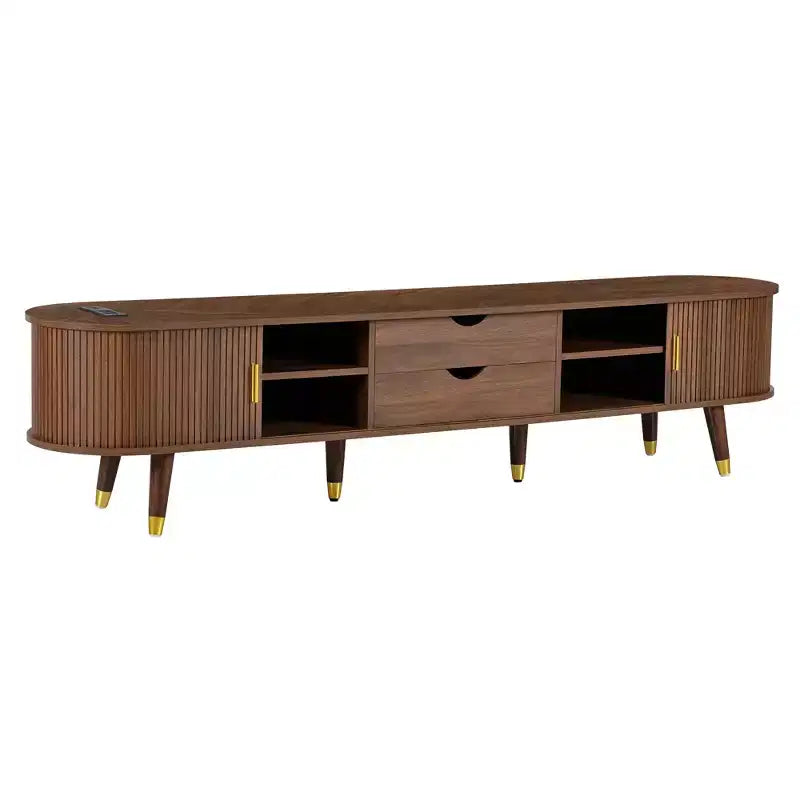 Set Mobile TV e Tavolino da Caffè ModernLuxe con Stazione di Ricarica, Consolle Multimediale Ovale con Anta Scorrevole per TV fino a 80 Pollici, Tavolino Centrale Mid-Century Farmhouse