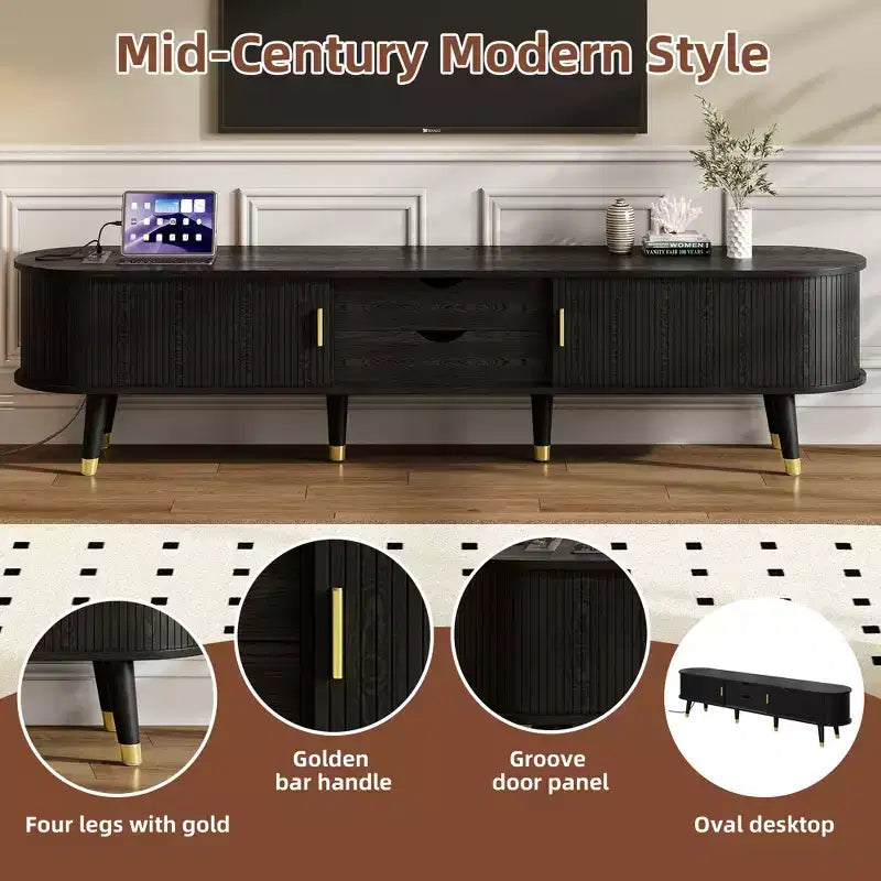 Set Mobile TV e Tavolino da Caffè ModernLuxe con Stazione di Ricarica, Consolle Multimediale Ovale con Anta Scorrevole per TV fino a 80 Pollici, Tavolino Centrale Mid-Century Farmhouse