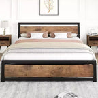 King Size Bed Frame with Headboard, No Box Spring Needed, 14 Platform with Storage, Retro Brown