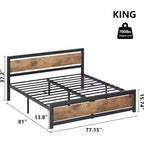 Telaio Letto King Size con Testiera, Nessuna Rete a Molle Necessaria, Piattaforma da 35 cm con Spazio di Archiviazione, Marrone Retrò