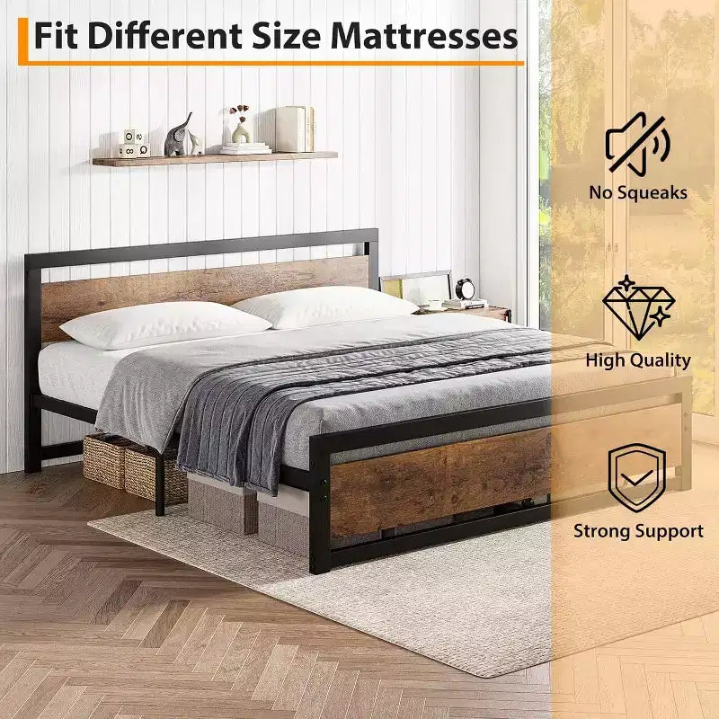 Telaio Letto King Size con Testiera, Nessuna Rete a Molle Necessaria, Piattaforma da 35 cm con Spazio di Archiviazione, Marrone Retrò