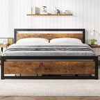 Telaio Letto King Size con Testiera, Nessuna Rete a Molle Necessaria, Piattaforma da 35 cm con Spazio di Archiviazione, Marrone Retrò