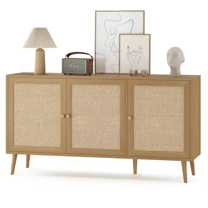 PexFix Side Panel Cabinet With 3 Rattan Doors Kitchen Storage Cabinet Modern Adjustable Legs