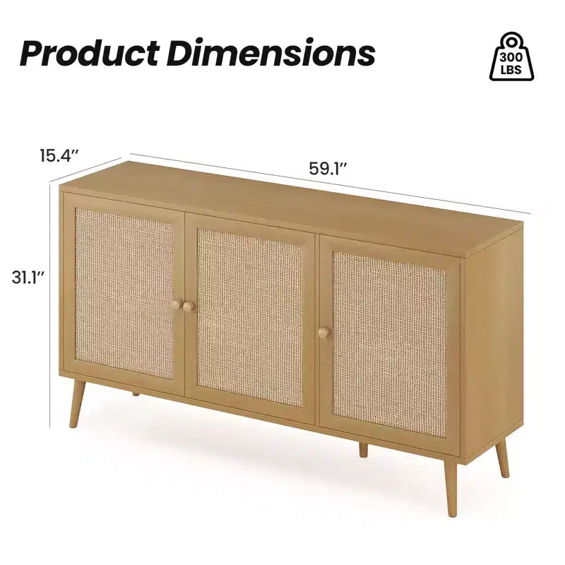 PexFix Mobiletto con pannelli laterali e 3 ante in rattan, mobile contenitore da cucina moderno con gambe regolabili