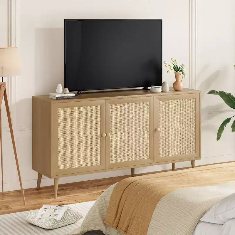 PexFix Mobiletto con pannelli laterali e 3 ante in rattan, mobile contenitore da cucina moderno con gambe regolabili