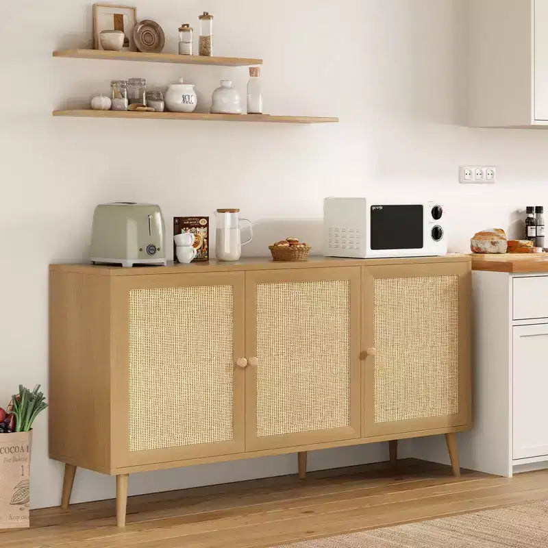PexFix Mobiletto con pannelli laterali e 3 ante in rattan, mobile contenitore da cucina moderno con gambe regolabili