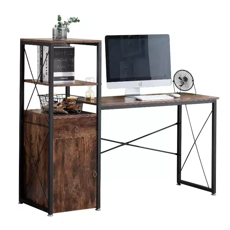 Scrivania per Computer VECELO con Cassetto e Armadietto, Grande Scrivania da Ufficio Tavolo per Computer da Studio Scrivania da Lavoro con Libreria, Marrone