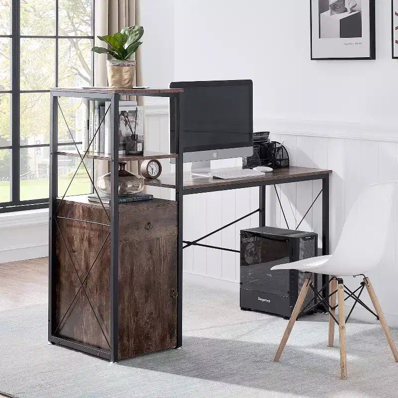 Scrivania per Computer VECELO con Cassetto e Armadietto, Grande Scrivania da Ufficio Tavolo per Computer da Studio Scrivania da Lavoro con Libreria, Marrone