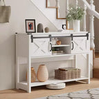 RoyalCraft Tavolo Consolle da Ingresso Stile Fattoria con Ripiani Portaoggetti, Anta Scorrevole a Granaio e Ampio Piano d'Appoggio per Soggiorno o Foyer, Bianco