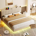 DobleePy Floating Bed Frame with Storage Headboard, LED Lights, USB Charging Station, Solid Wood Slats, Beige, Noise-Free, Easy Assembly