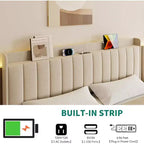 Base letto flottante DobleePy con testiera contenitore, luci LED, stazione di ricarica USB, doghe in legno massello, beige, silenzioso, facile da montare