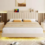 Base letto flottante DobleePy con testiera contenitore, luci LED, stazione di ricarica USB, doghe in legno massello, beige, silenzioso, facile da montare