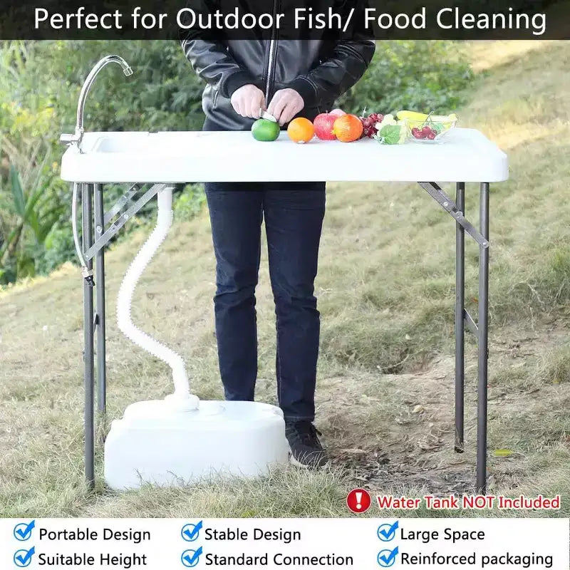 VINGLI Tavolo Pieghevole per la Pulizia di Pesce e Cacciagione per Esterni, Portatile e Resistente, Attacco Standard da Giardino, Tubo di Scarico Migliorato, Bianco