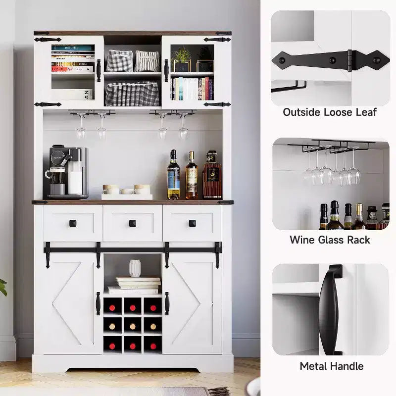 Mobile buffet/credenza da fattoria, alto 183 cm, con 2 ante scorrevoli a fienile, 3 cassetti, portabottiglie e calici, armadietto dispensa per sala da pranzo
