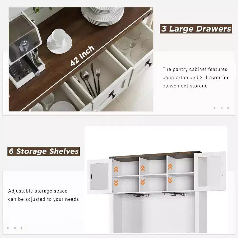 Mobile buffet/credenza da fattoria, alto 183 cm, con 2 ante scorrevoli a fienile, 3 cassetti, portabottiglie e calici, armadietto dispensa per sala da pranzo