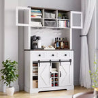 Mobile buffet/credenza da fattoria, alto 183 cm, con 2 ante scorrevoli a fienile, 3 cassetti, portabottiglie e calici, armadietto dispensa per sala da pranzo