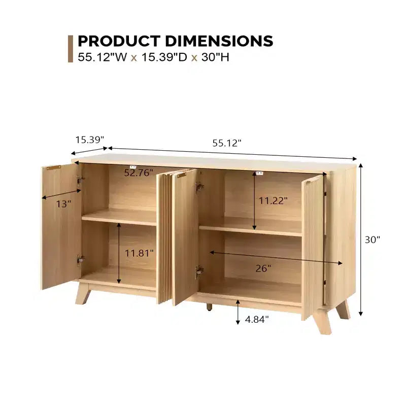 VINGLI Madia/credenza a coste con ante e ripiani regolabili, Mobile contenitore per cucina, Rovere naturale
