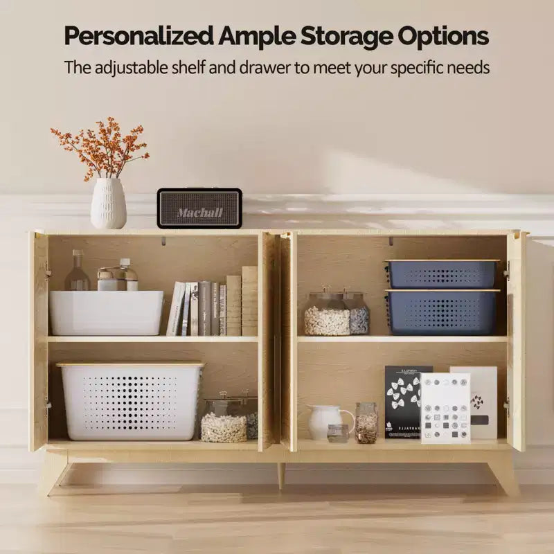 VINGLI Madia/credenza a coste con ante e ripiani regolabili, Mobile contenitore per cucina, Rovere naturale