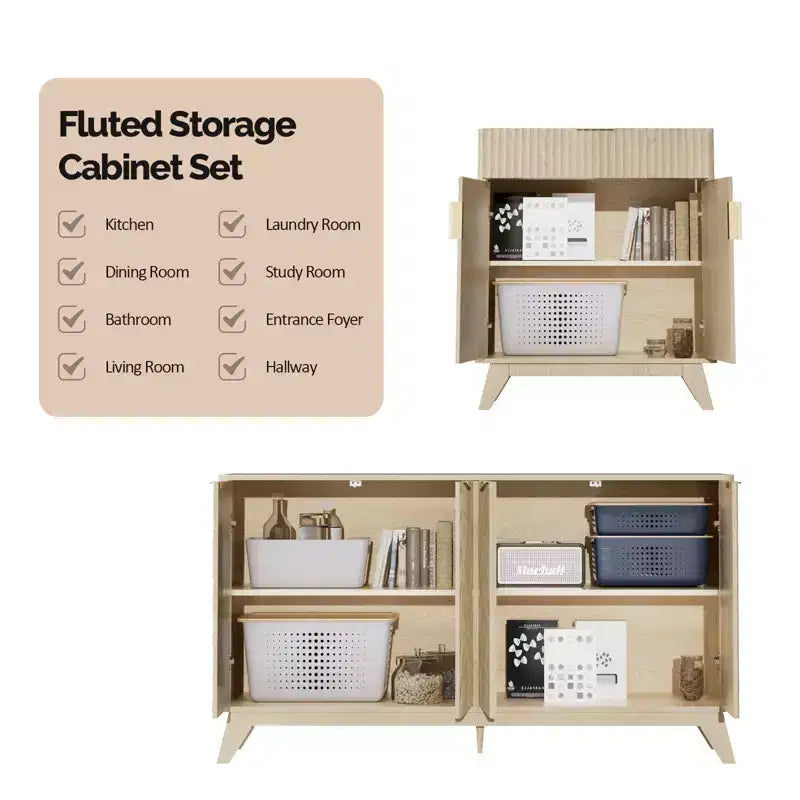 VINGLI Madia/credenza a coste con ante e ripiani regolabili, Mobile contenitore per cucina, Rovere naturale